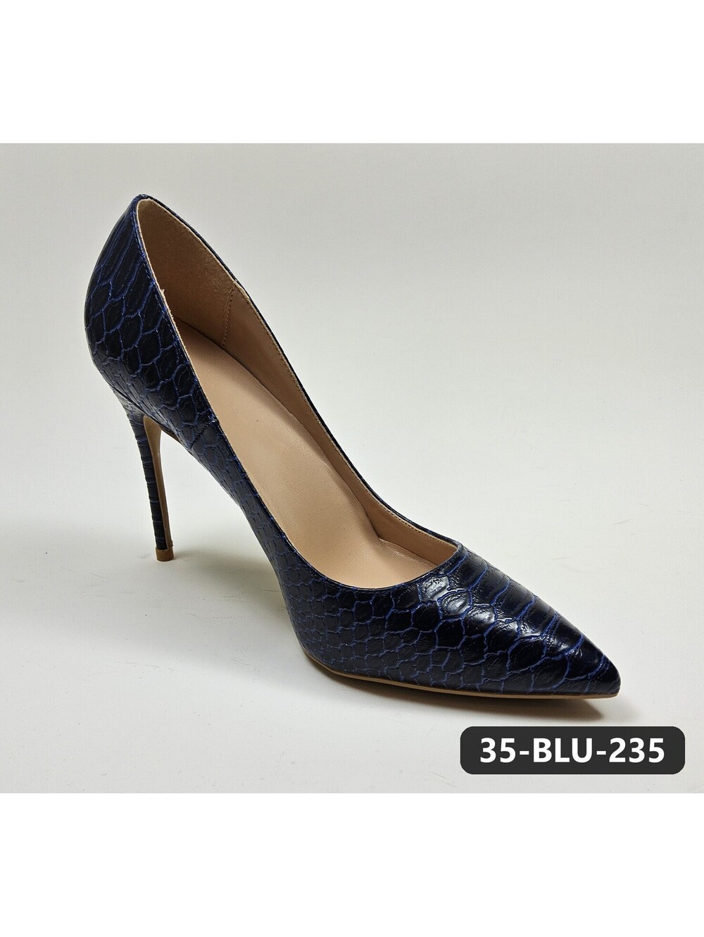 Women's Navy Blue Snake-Embossed Stiletto Pumps